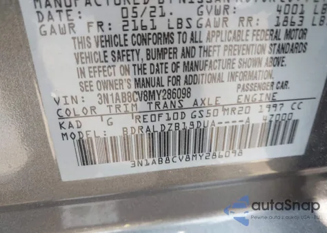 2021 Nissan Sentra Sv Xtronic Cvt из США, поврежденный, VIN 3N1AB8CV8MY286098